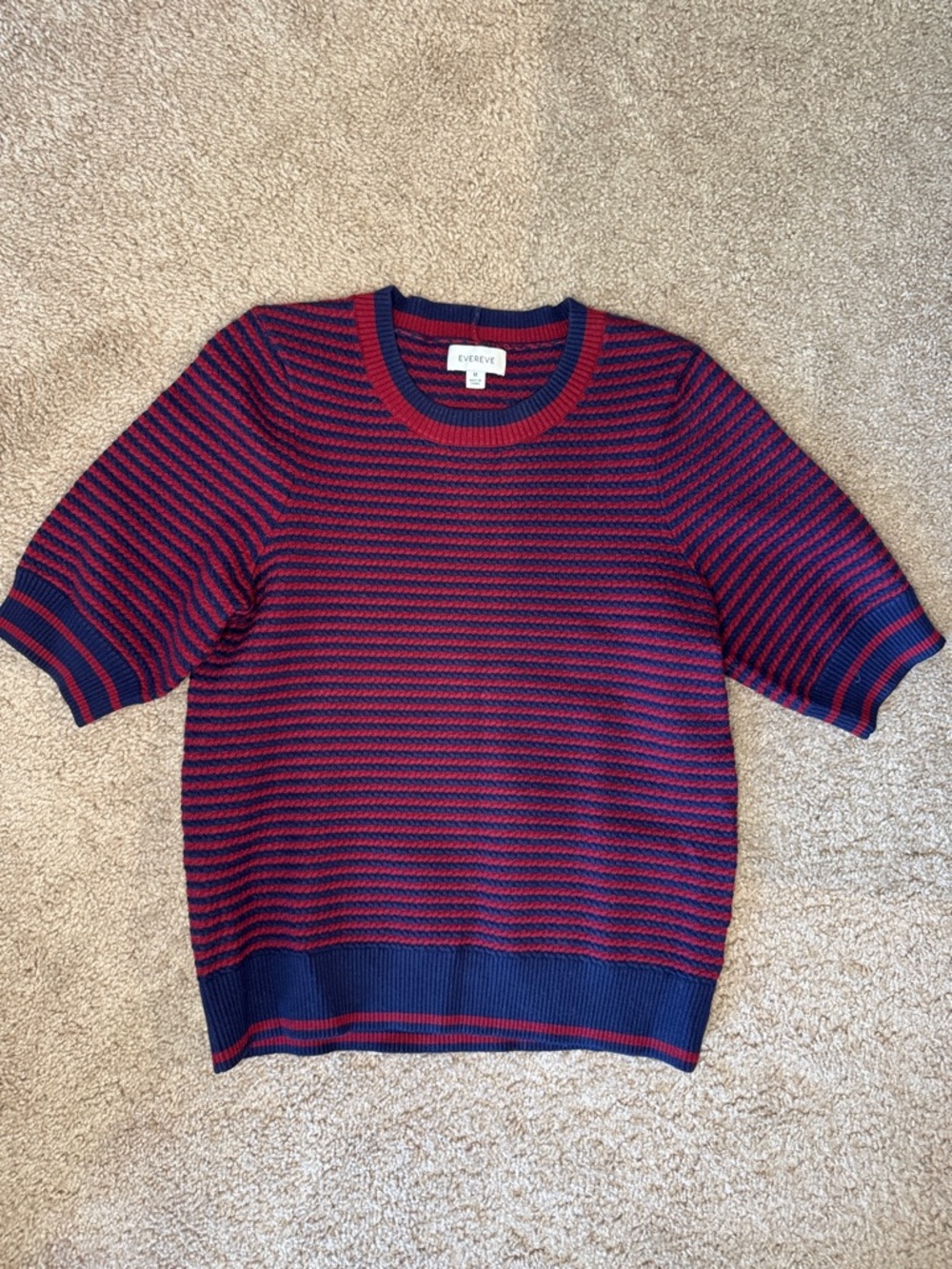 Evereve Navy and Red Striped Knit Short Sleeve Sweater